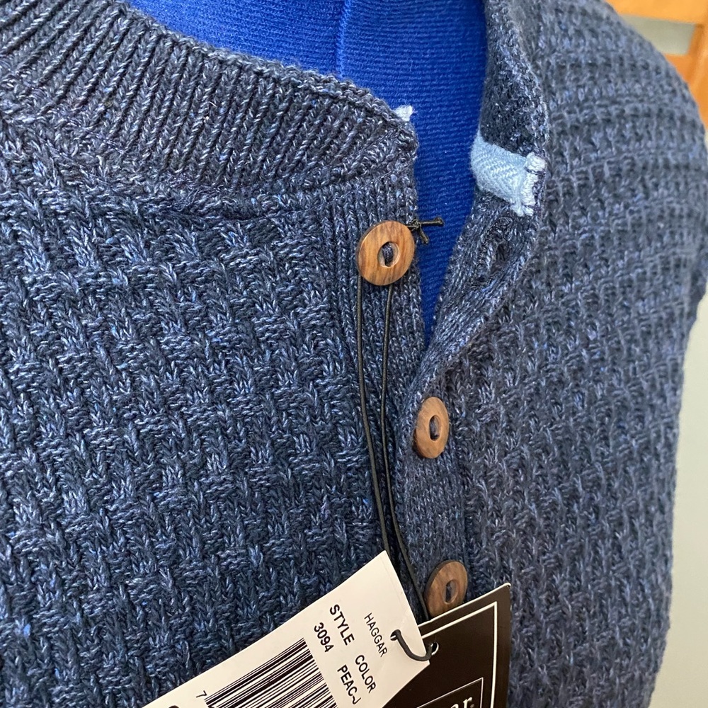 Mens NWT  blue Haggar Henley sweater XL - Picture 2 of 6